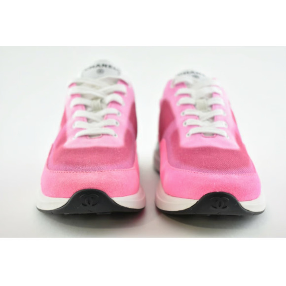Chanel 21S Neon Pink Denim Suede CC Logo Lace Up Tie Low Top Trainer Sneaker 37 - Picture 5 of 12